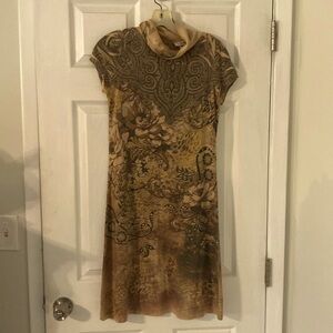 Chesley XL Brown Paisley Mock Neck Keyhole Y2K Stretch Dress Made USA